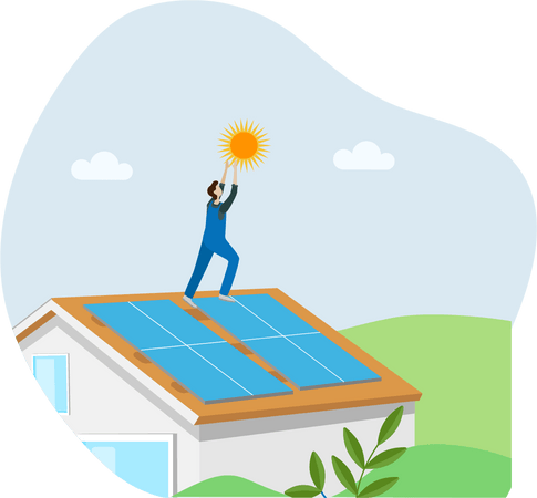 Casa con paneles solares con persona alcanzado el sol